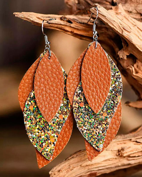 1Pair Sequined Leaf-Shaped Layered Earrings - orange 1Pair Sequined Leaf-Shaped Layered Earrings - orange