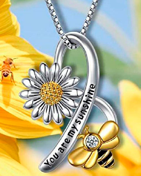 1pc Sunflower Bee Cross Pendant Necklace - silver 1pc Sunflower Bee Cross Pendant Necklace - silver