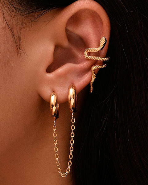 2pcs Chain Link Hoop Earrings & Snake-Shaped Ear Climber Set - gold 2pcs Chain Link Hoop Earrings & Snake-Shaped Ear Climber Set - gold