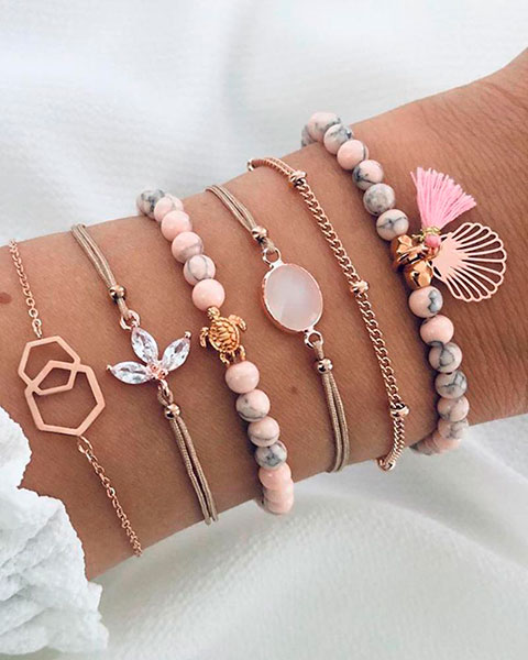 6pcs Bohemian Geometric Shell Shaped Tassel Beaded Bracelets Set - pink 6pcs Bohemian Geometric Shell Shaped Tassel Beaded Bracelets Set - pink