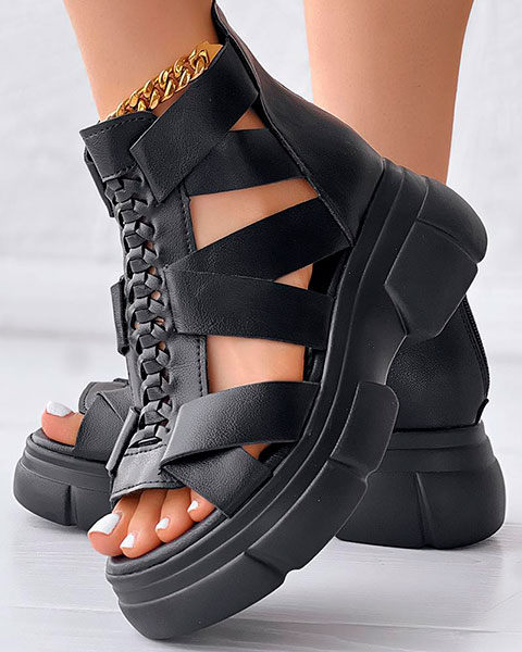 Braided Hollow Out Platform Wedge Sandals - black Braided Hollow Out Platform Wedge Sandals - black