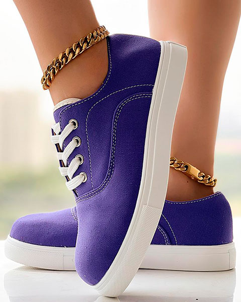 Eyelet Lace-up Round Toe Canvas Sneakers - purple Eyelet Lace-up Round Toe Canvas Sneakers - purple