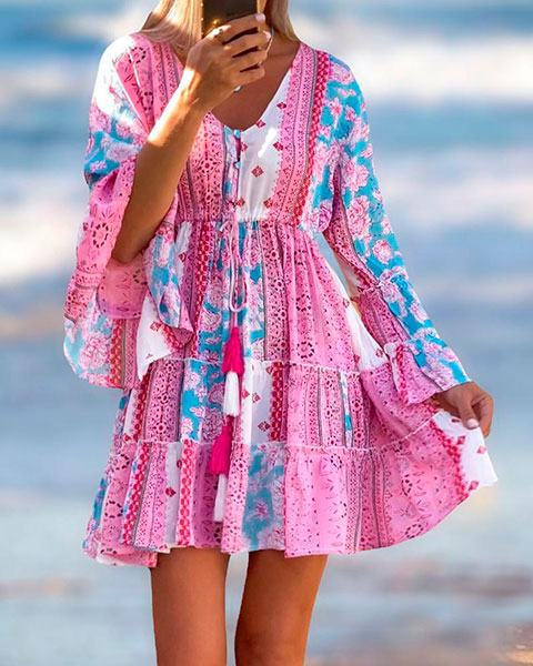 Floral Tribal Print Ruffles Smock Dress - hot pink Floral Tribal Print Ruffles Smock Dress - hot pink