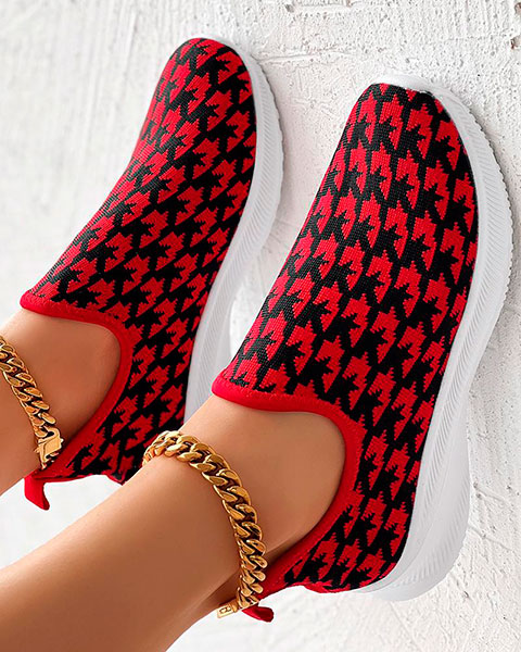 Houndstooth Pattern Breathable Slip-On Casual Sneakers - black&red Houndstooth Pattern Breathable Slip-On Casual Sneakers - black&red
