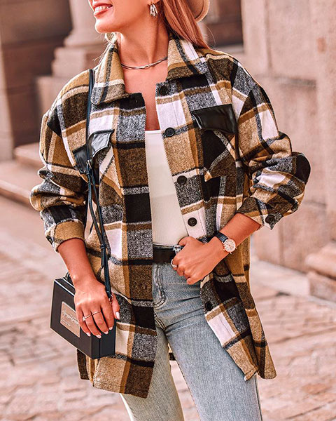 Plaid Print Flap Detail Button Down Shacket - khaki Plaid Print Flap Detail Button Down Shacket - khaki