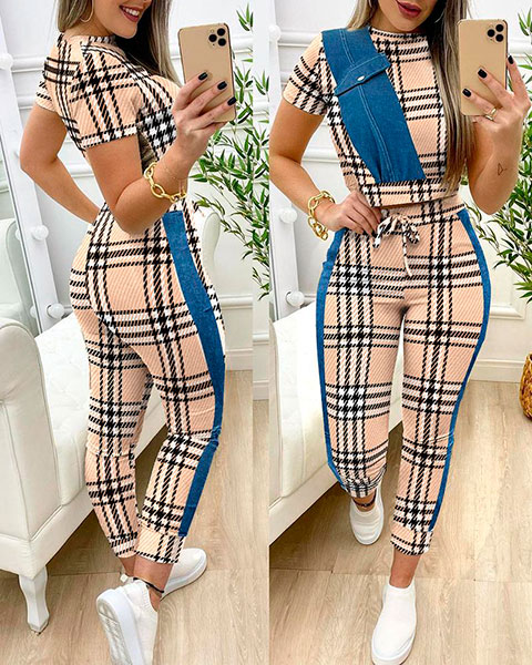 Plaid Print Patchwork Pocket Design Top & Drawstring Pants Set - khaki Plaid Print Patchwork Pocket Design Top & Drawstring Pants Set - khaki