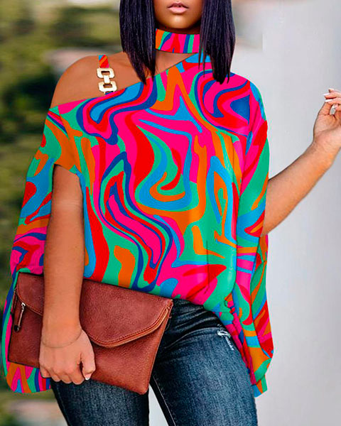Plus Size Abstract Print Cold Shoulder Chain Decor Top - Multicolor
