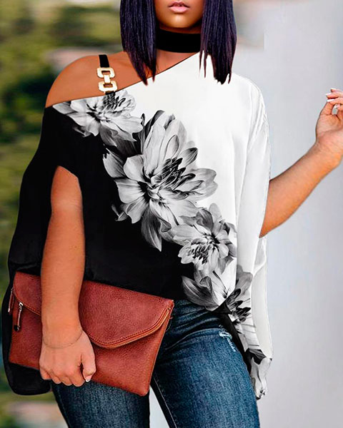 Plus Size Floral Print Colorblock Chain Decor Cold Shoulder Top - black