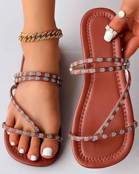 Rhinestone Toe Post Flip Flops Beach Sandals - brown Rhinestone Toe Post Flip Flops Beach Sandals - brown