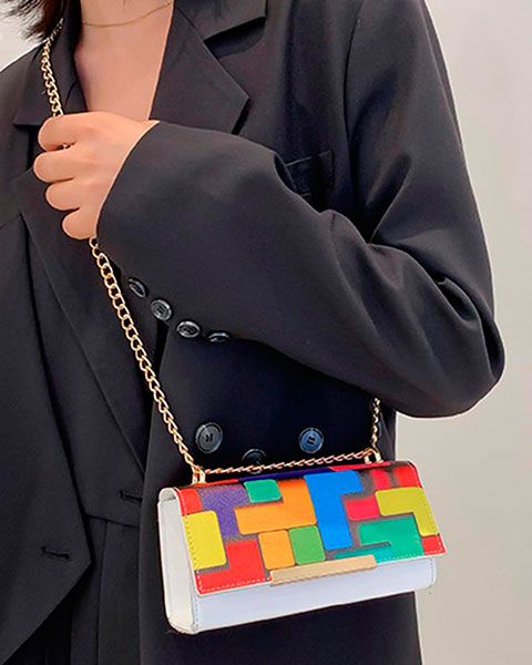 Vintage Colorblock Flap Square Shoulder Bag - white