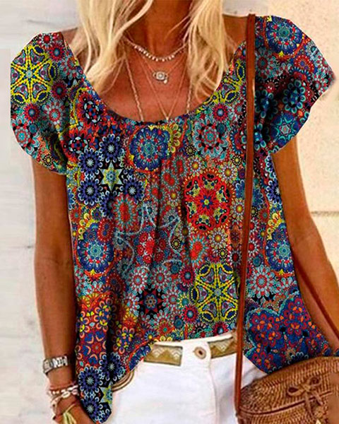 Vintage Tribal Print Casual Top - Multicolor