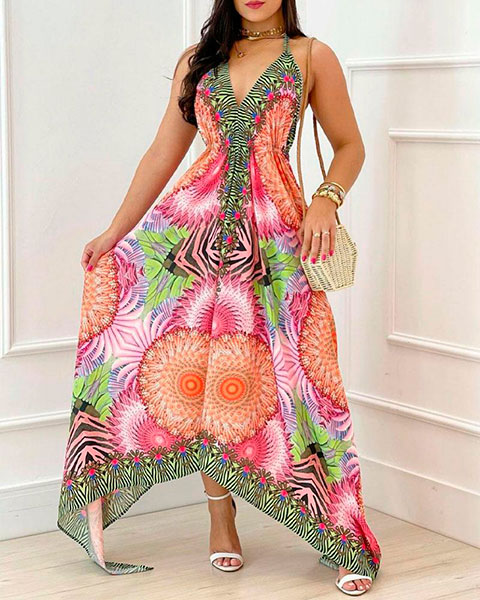 Vintage Tribal Print Halter Asymmetrical Dress - Multicolor